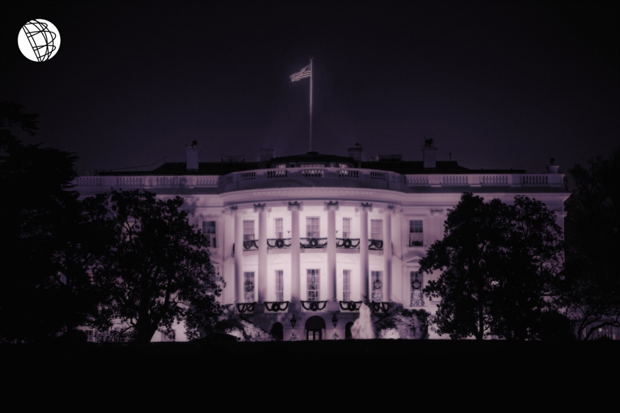 Photo of the White House at night tinted purple with The Advocates globe logo in the upper left hand corner